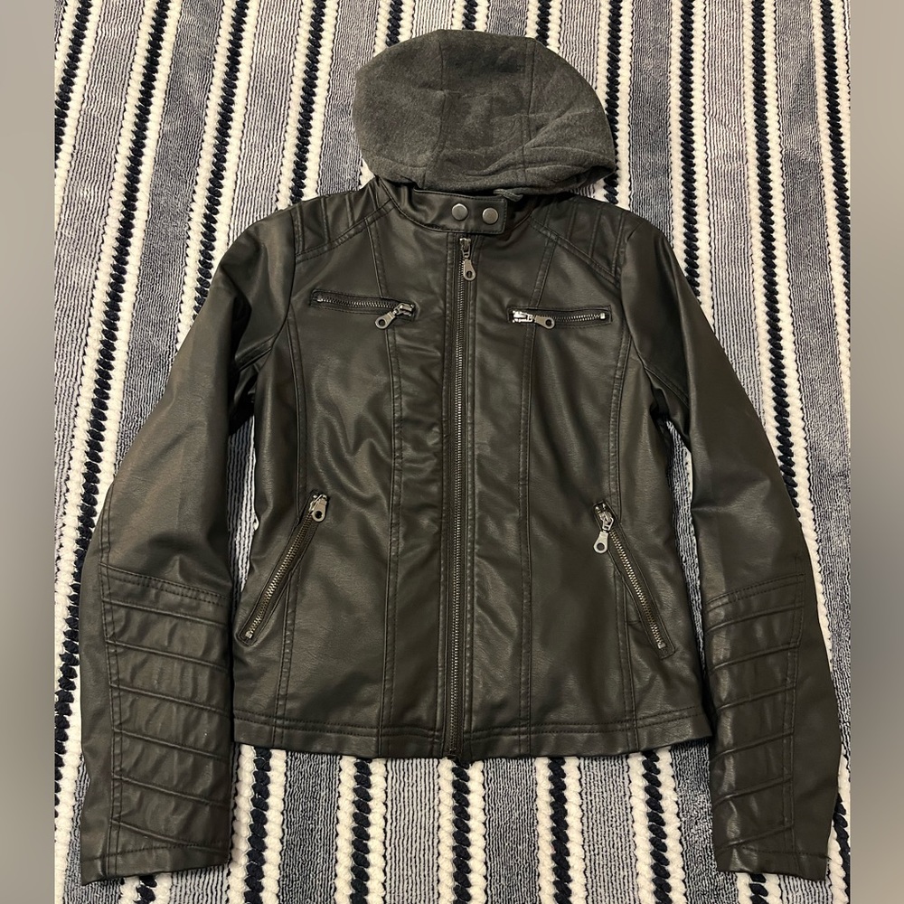 Maralyn & Me black faux leather jacket with hoodie